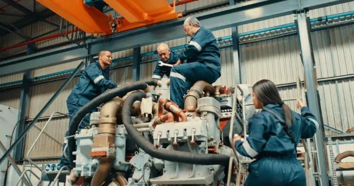 The image shows a group of workers in an industrial or mechanical setting, appearing to work together on a large, complex piece of machinery or an engine. The environment is filled with various tubes, wires, and mechanical components, suggesting a factory, repair shop, or assembly line. The workers are wearing blue uniforms or coveralls, and the scene captures a moment of collaborative technical labor.